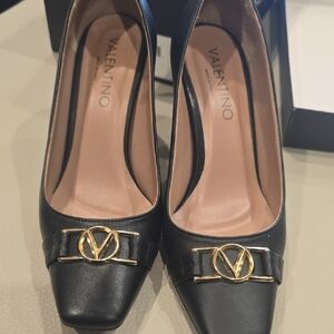 Valentino Black Leather Logo-Accent Pumps